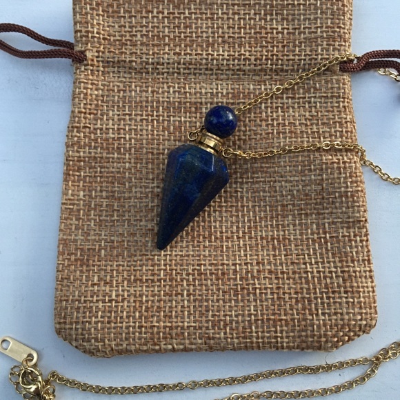 Hand Crafted Jewelry - Lapis Lazuli Pendulum Lapis Perfume Bottle Necklace Gold Lapis Necklace
